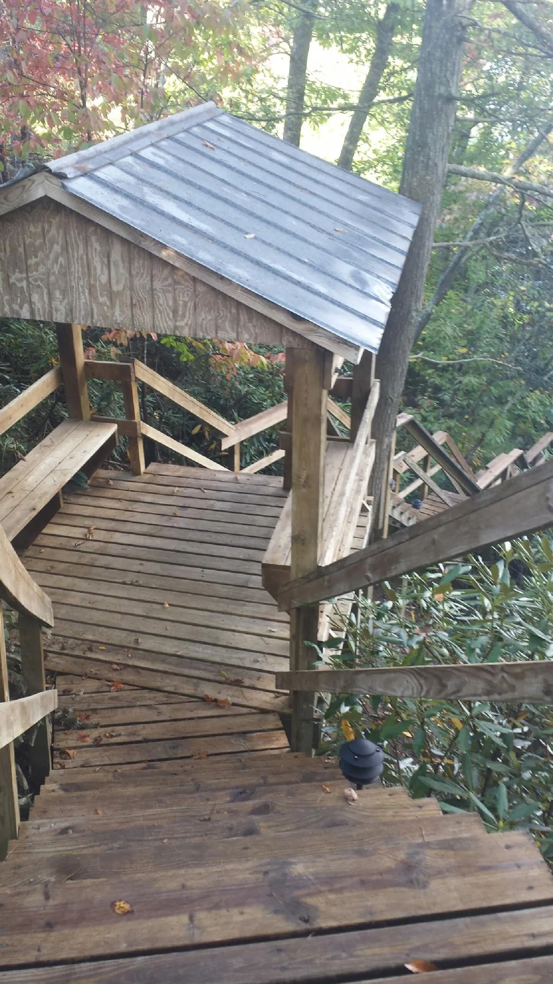 Metal roofed shelter over wooden steps on a wooded walkway — Skylight Repair & Installation work by our crew in Saint Hedwig